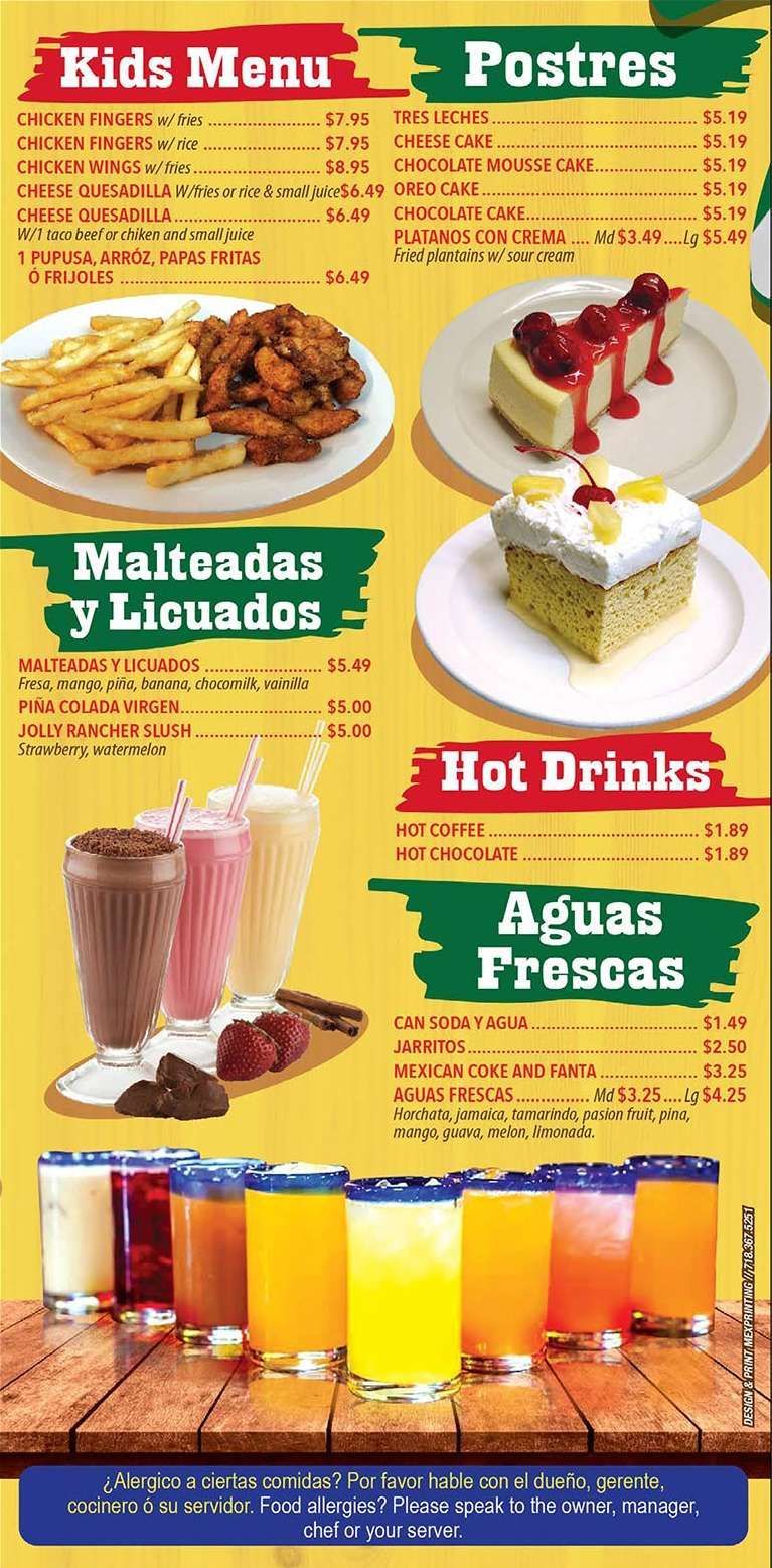Menu with kids menu, desserts, shakes, hot drinks, and aguas frescas. Includes food and drinks.