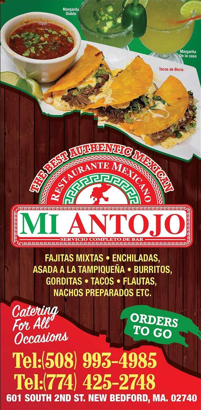 Mi Antojo Mexican restaurant flyer with food images, menu items, and contact information.