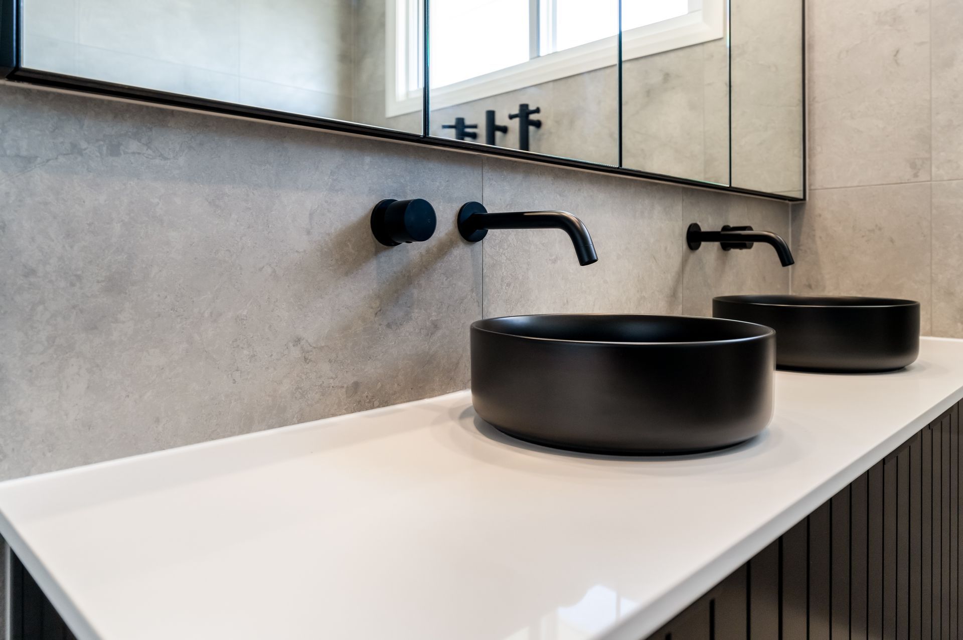 Two Black Vessel Sinks on a White Countertop — Matt Made Building in Camden, NSW