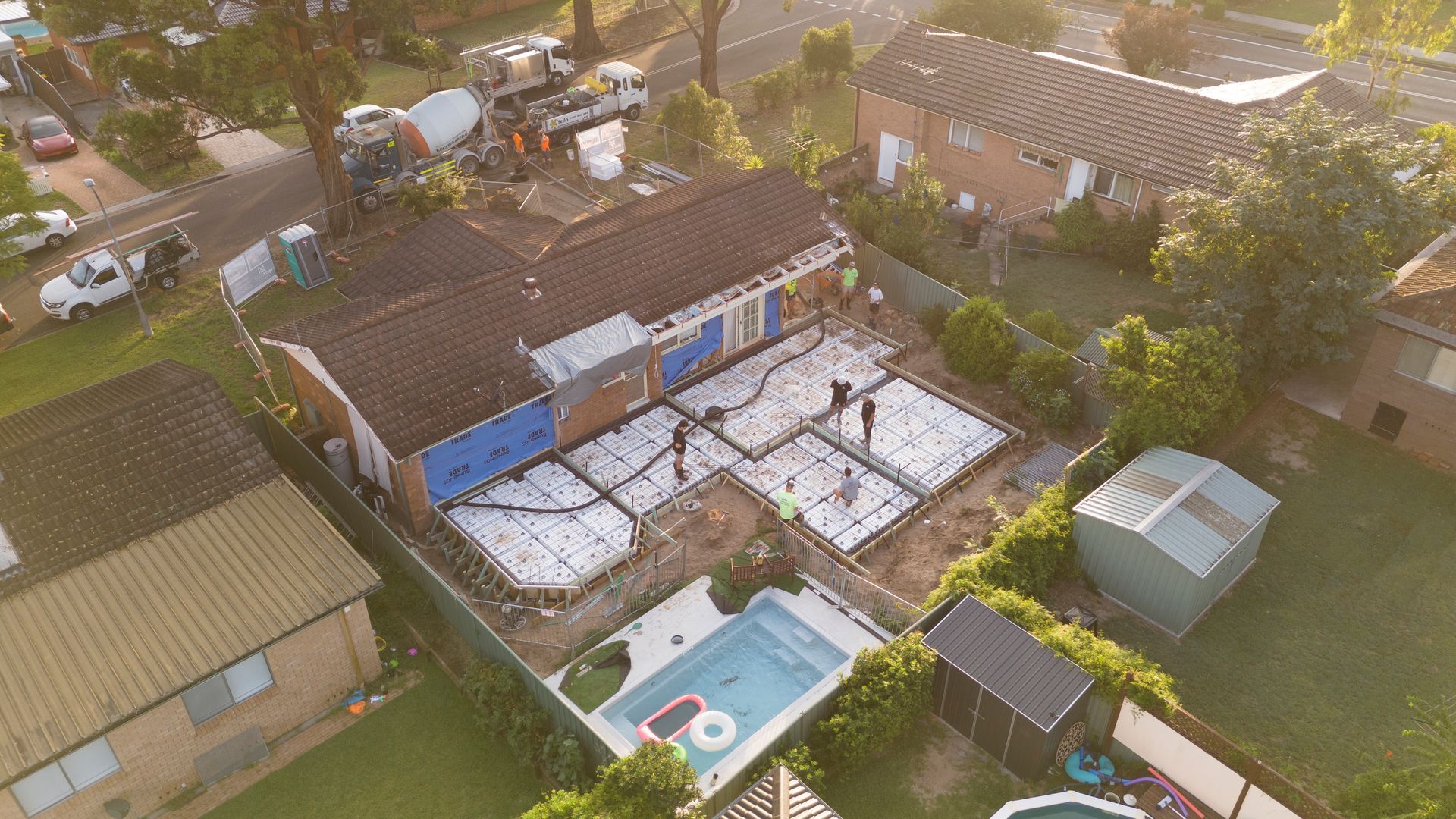 Aerial View of a Backyard With a Covered Pool, Hot Tub, and Patio — Matt Made Building in Camden, NSW