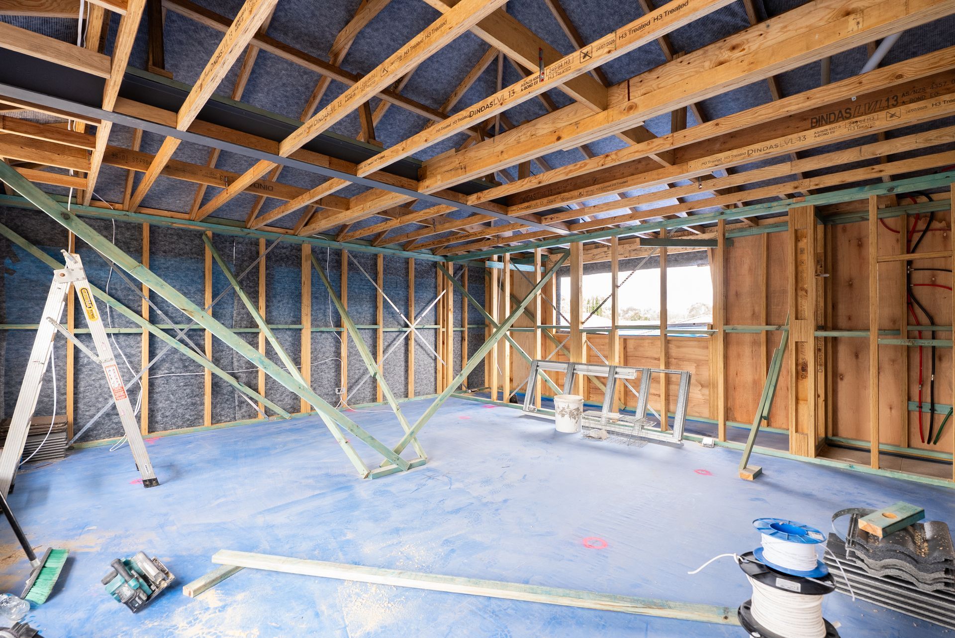 Framed Interior Under Construction With Exposed Beams — Matt Made Building in Camden, NSW