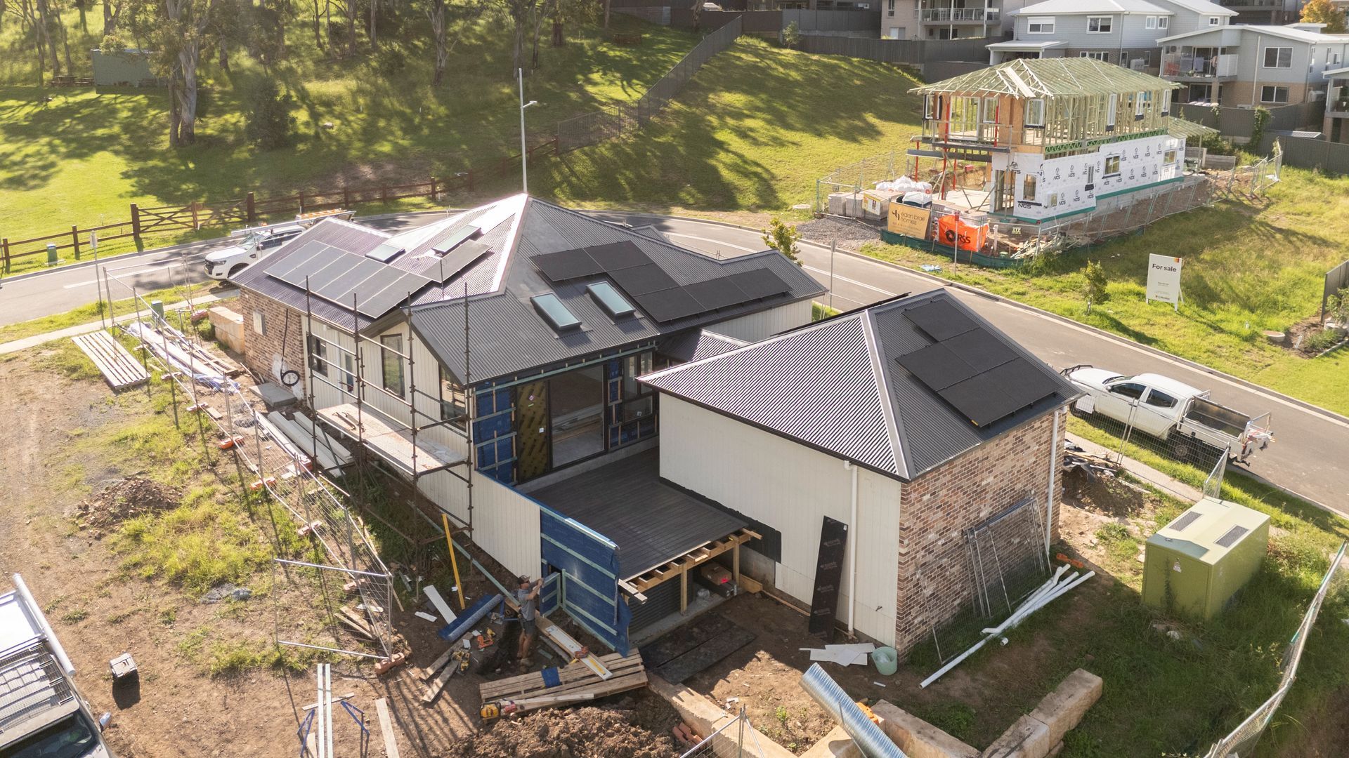 Aerial View of a Modern House Under Construction With Metal Roofing — Matt Made Building in Camden, NSW