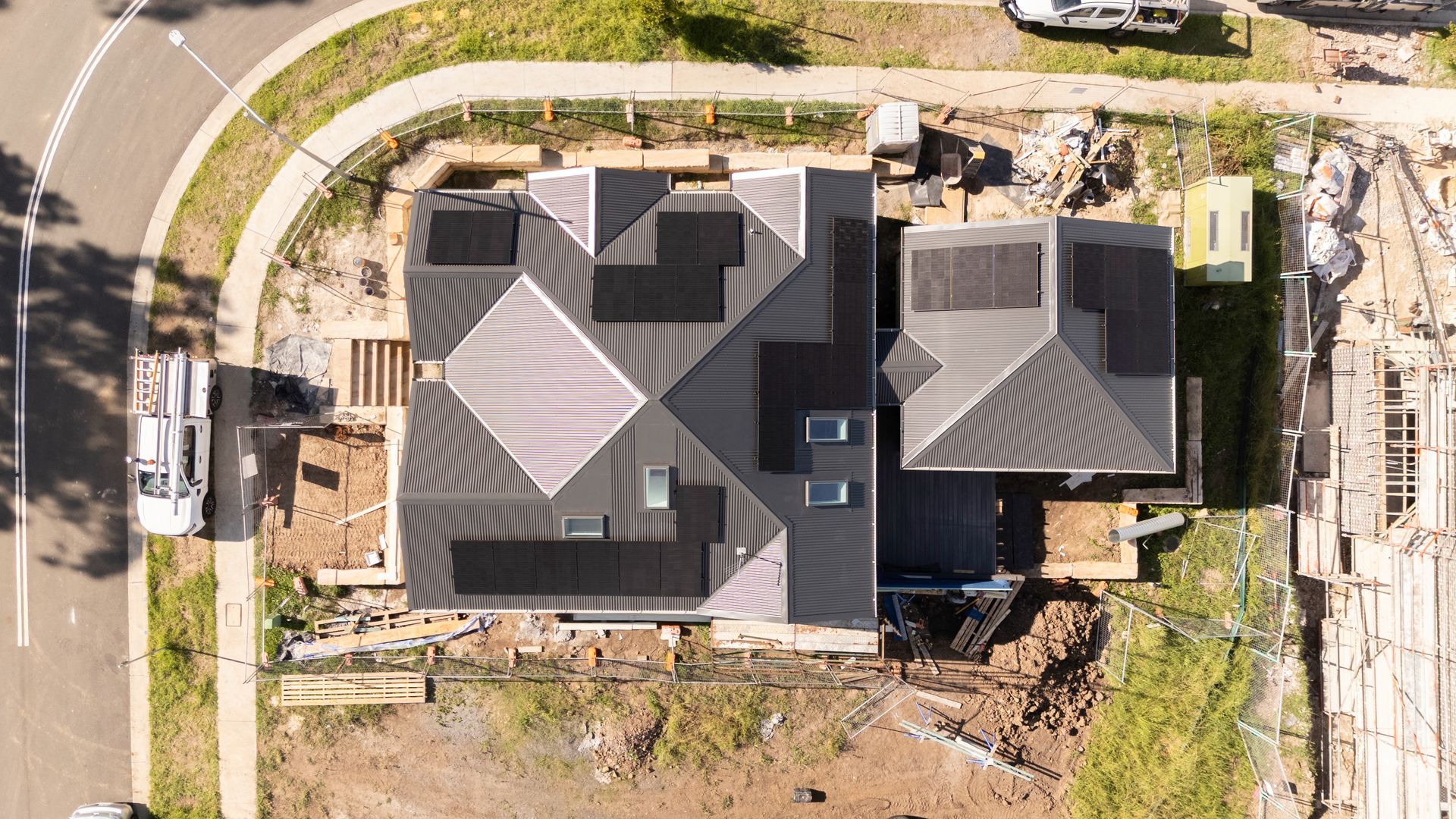 Aerial View of a Modern House Under Construction With Dark Roofs — Matt Made Building in Camden, NSW