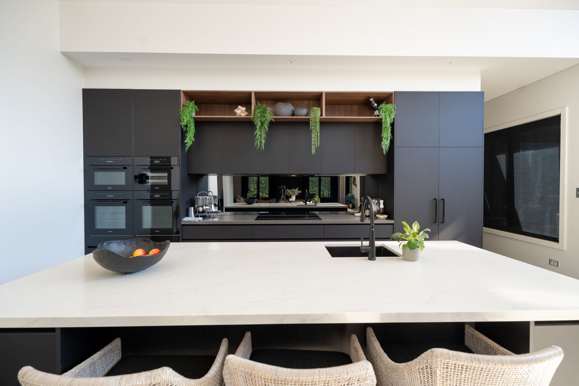 Modern Kitchen With Black Cabinetry and Hanging Plants Above the Counter — Matt Made Building in Camden, NSW