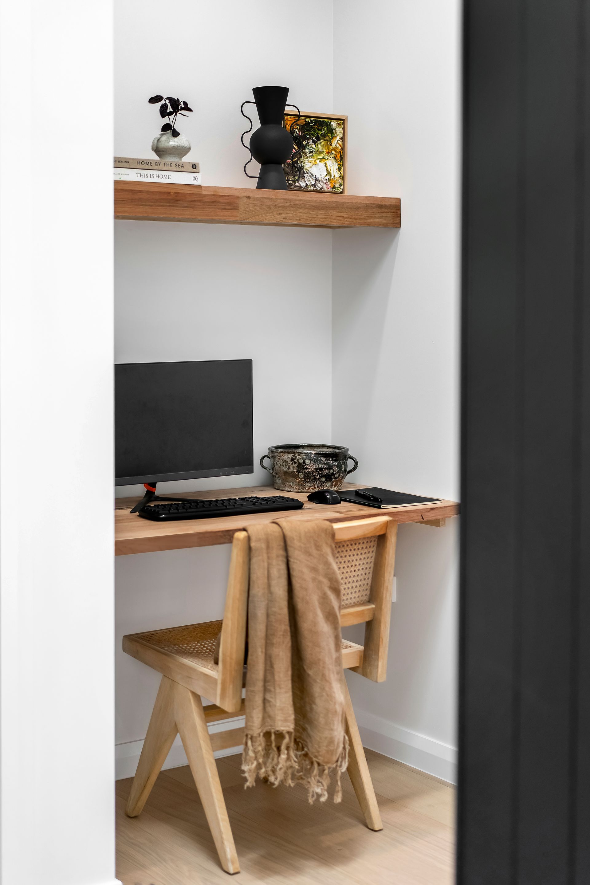 Small Home Office Nook With Wooden Desk and Shelves on a White Wall — Matt Made Building in Camden, NSW