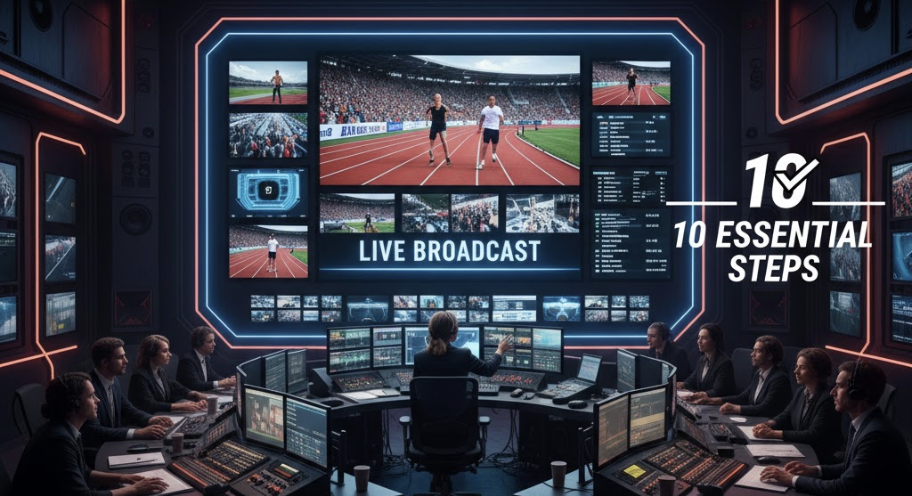 Control room for live sports broadcast. Technicians monitor screens, showing runners on track. Neon lights.