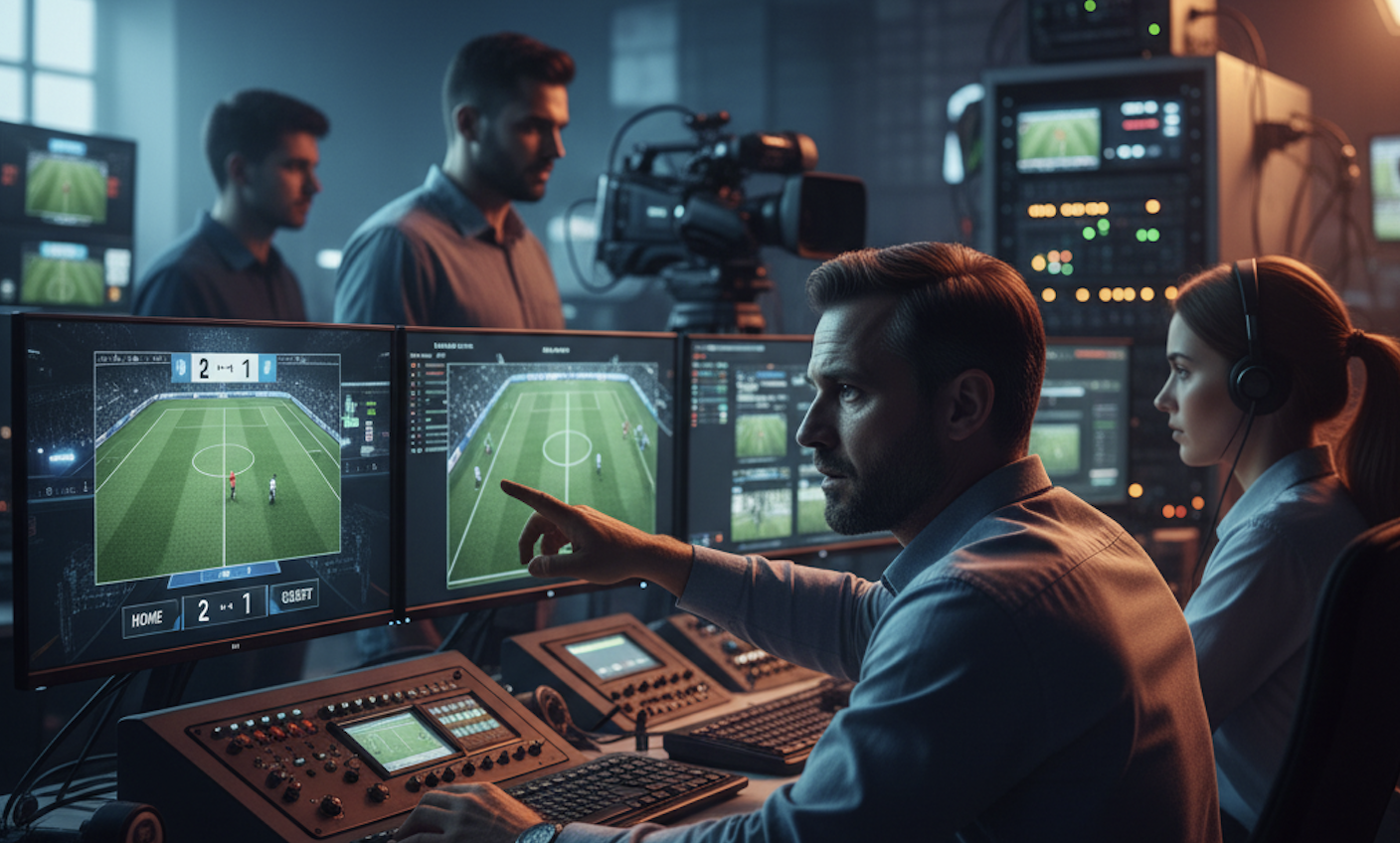 Control room with people monitoring a soccer game on multiple screens. One man points, others observe.