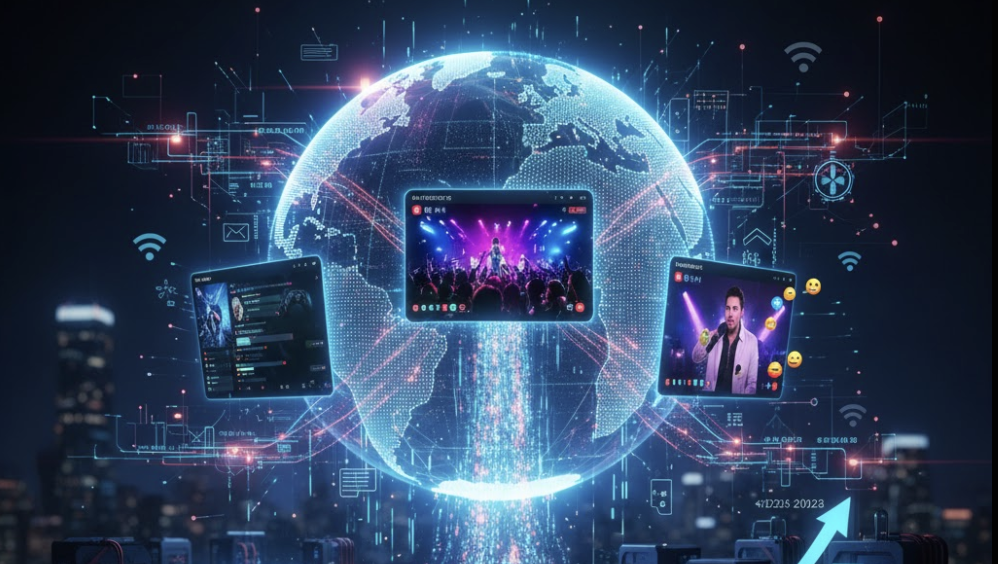 Digital globe with live streams of performers, connected by network lines, over city skyline.