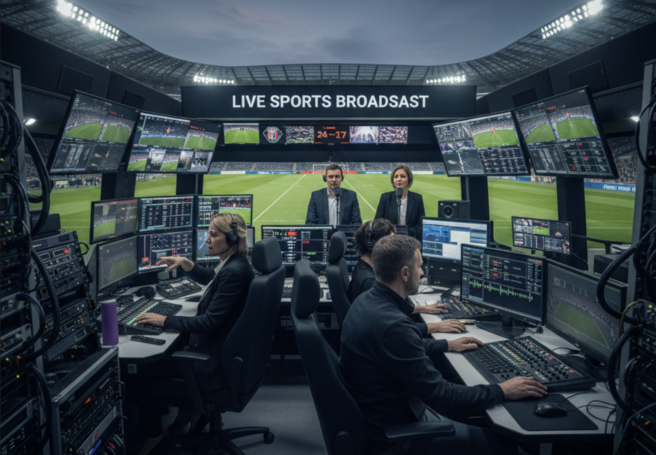 Control room broadcasting live sports, multiple monitors, team working intently.