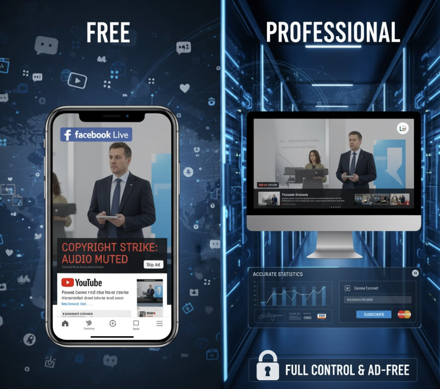 Comparison of free vs. professional video streaming. Phone displays a muted Facebook live stream. Computer displays a professional live stream.