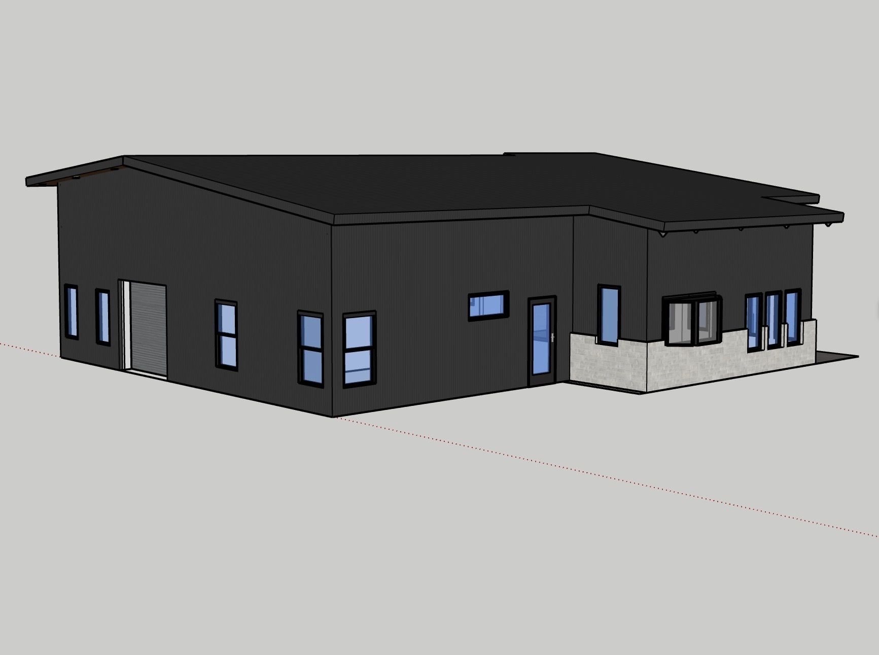Black modern house exterior with flat roof and blue windows, shown in 3D on a plain background