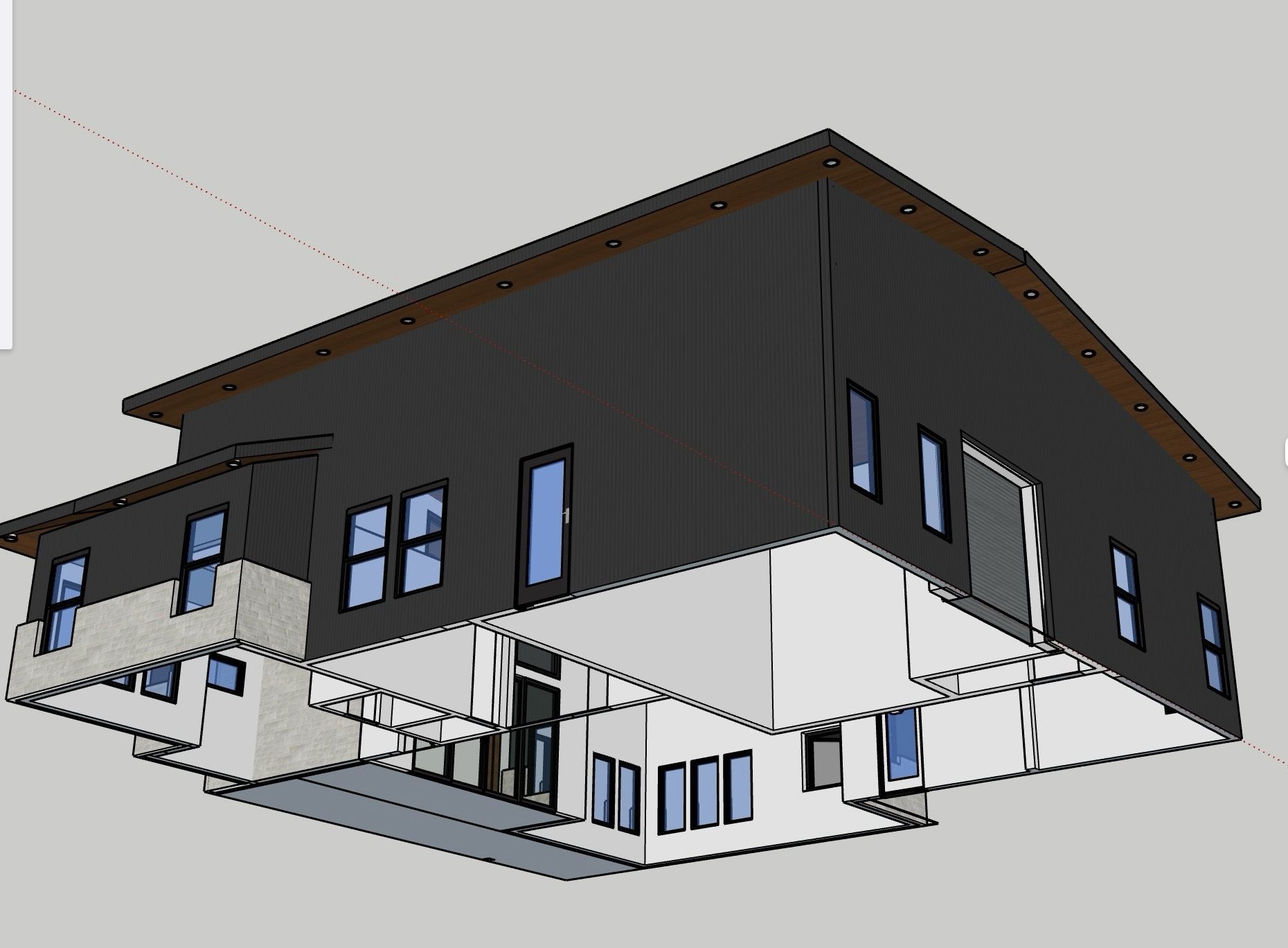 3D rendering of a modern black-and-white house with a sloped roof and large windows on a white background