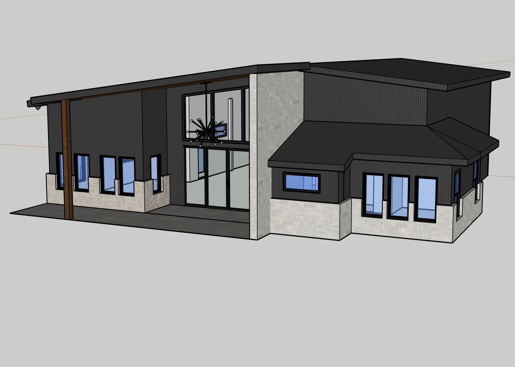 3D rendering of a modern two-story house with dark roof, large windows, and a covered entry