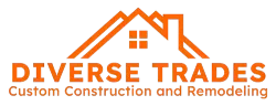 Orange logo for Diverse Trades Custom Construction and Remodeling with a house roof icon