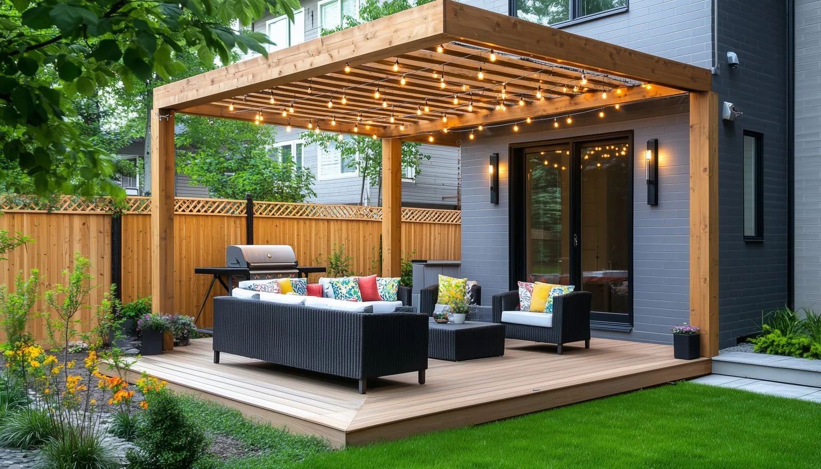 Modern backyard patio with wooden pergola, string lights, outdoor seating, and grill beside a house