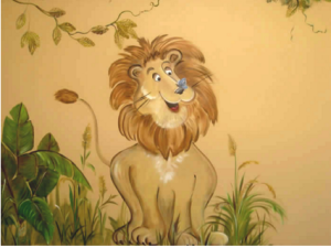 Cartoon lion sitting in tall grass, with a leafy branch overhead and a warm beige background