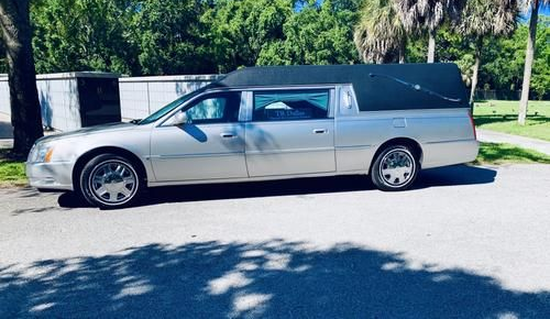 Silver hearse parked on a sunny street beside a grassy park.