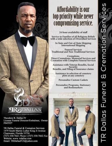 TR Royals Funeral & Cremation Services brochure with suited man and service details on black background