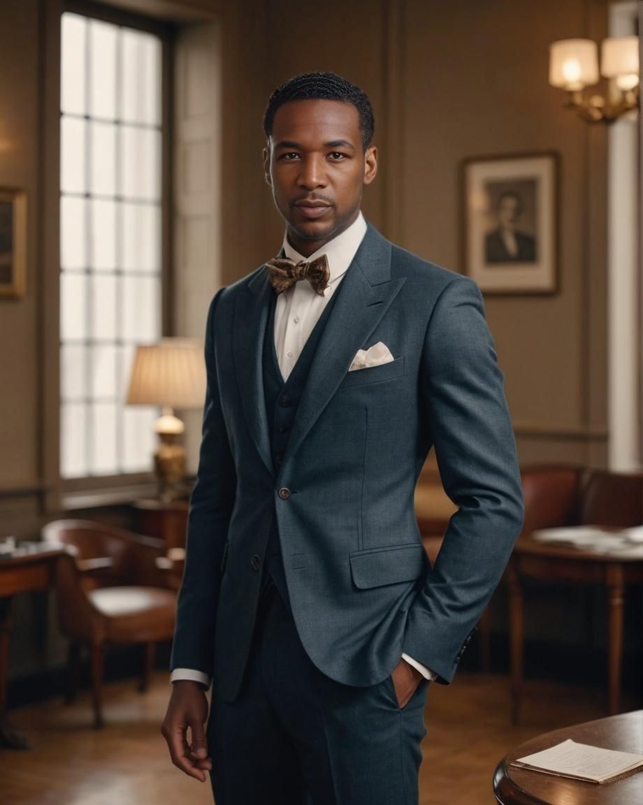 Man in a teal suit standing in a wood-paneled office, looking at the camera, hand in pocket.