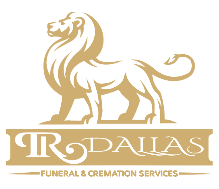 Golden lion logo with “RR Dallas Funeral & Cremation Services” text on white background