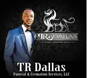 TR Dallas Funeral & Cremation Services logo with a man in a blue suit on a black background