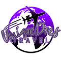 Purple and black UniqueDre Travel logo with airplane over a globe