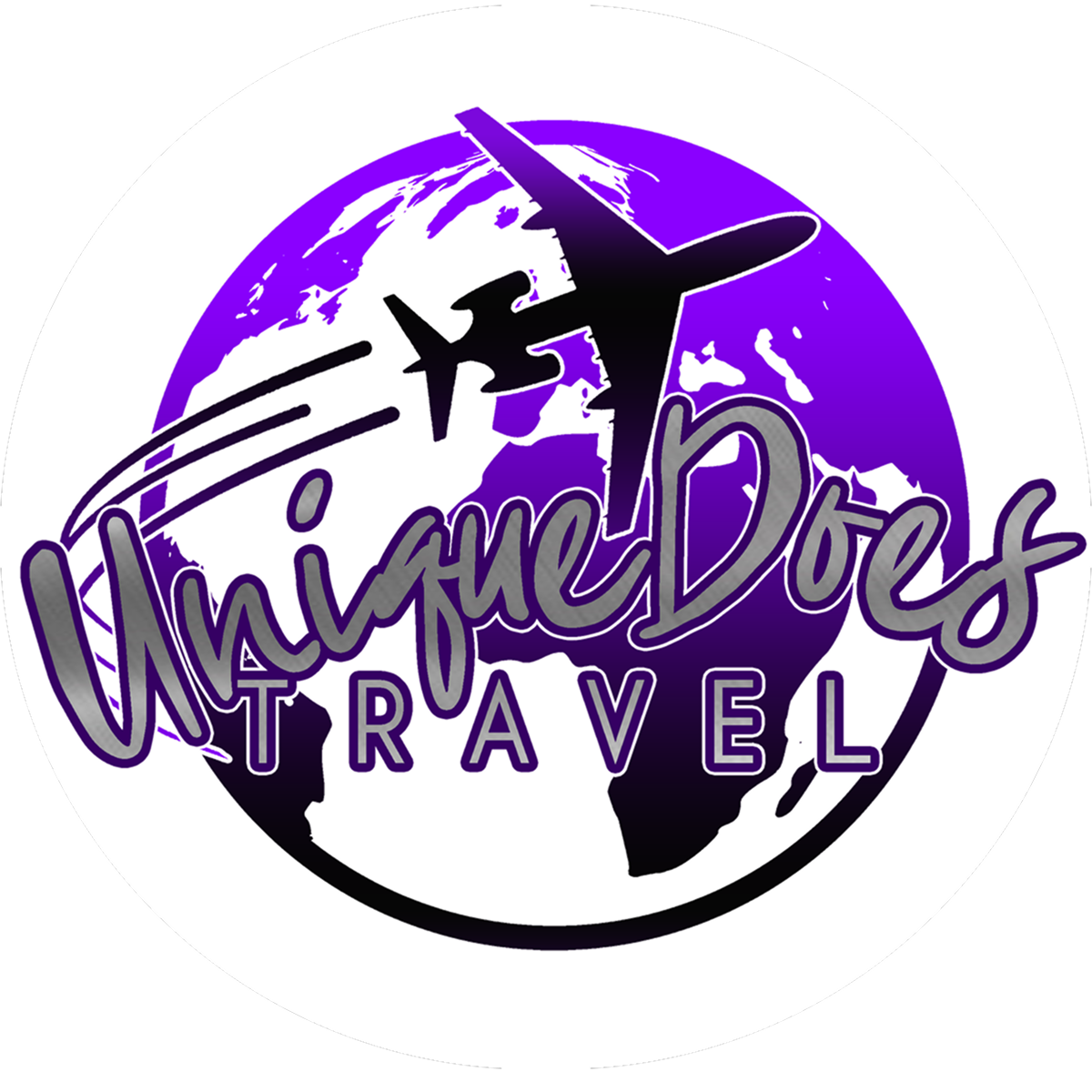 Purple and black UniqueDre Travel logo with airplane over a globe