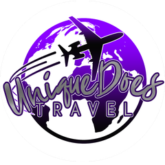 Purple and black UniqueDre Travel logo with airplane over a globe
