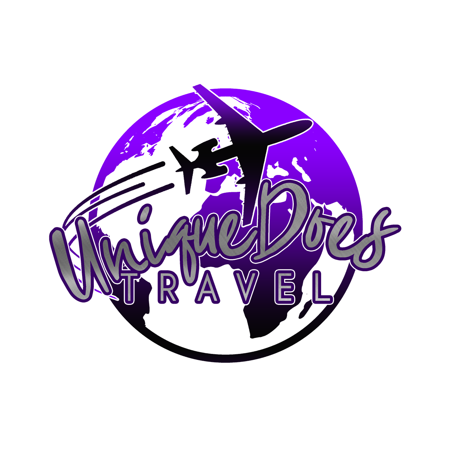 Purple and black travel logo with airplane silhouette and “TrujecDocs Travel” text