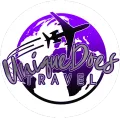 Purple and black UniqueDres Travel logo with airplane silhouette over a globe