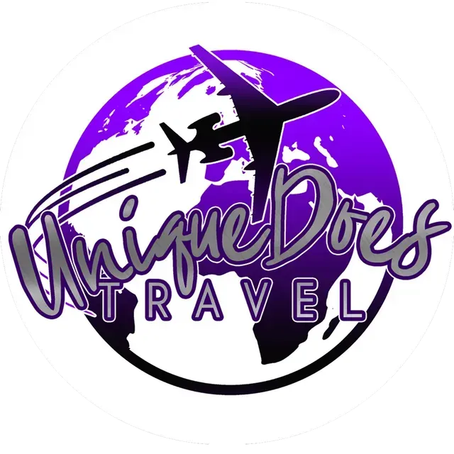 Purple and black UniqueDres Travel logo with airplane silhouette over a globe