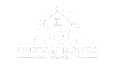 A white logo for s & g custom homes and remodel inc.