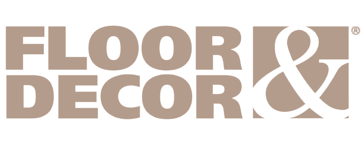 The floor and decor logo is brown and white on a white background.