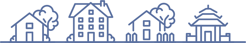 A line drawing of houses and trees on a white background.