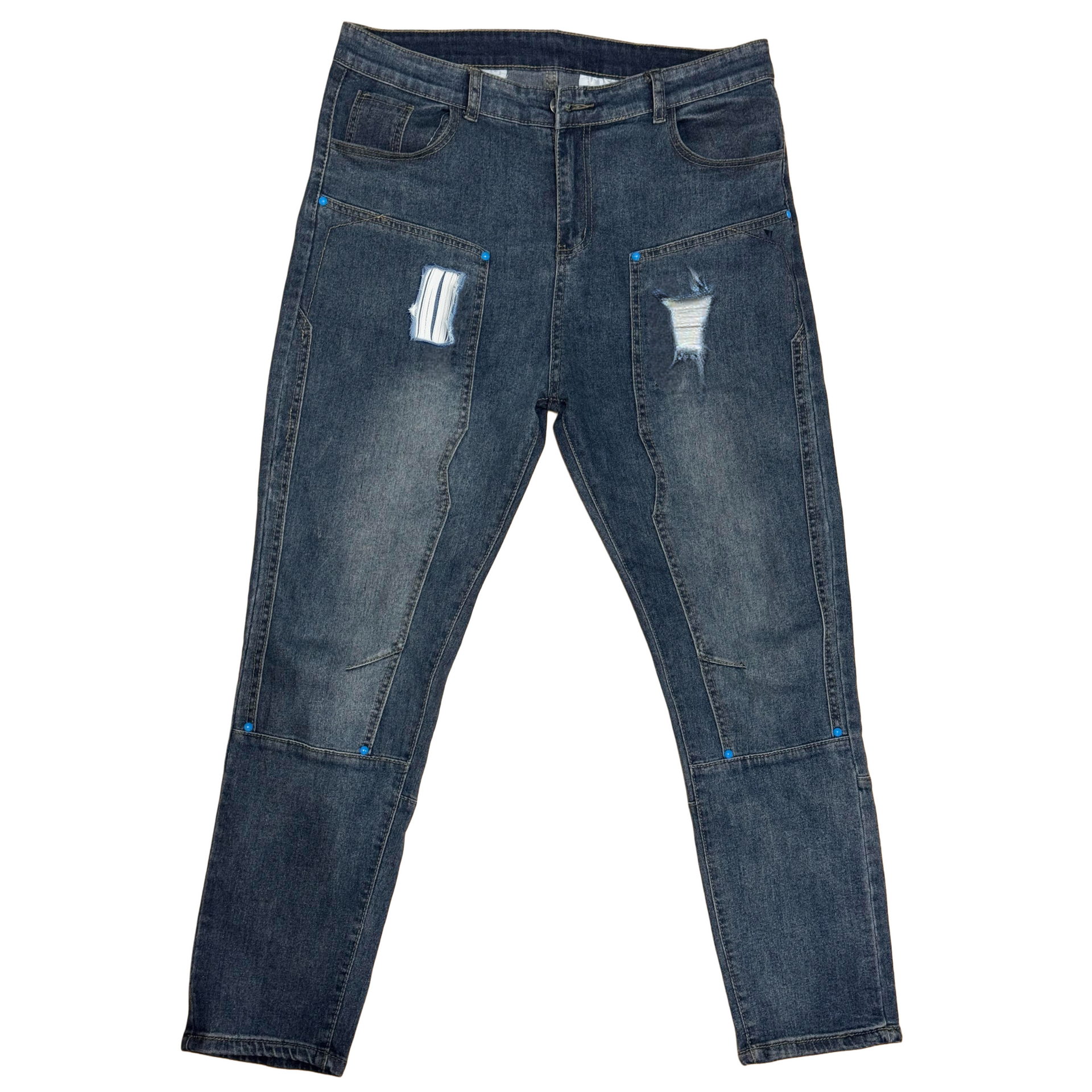 Dark wash denim jeans with ripped knees and faded patches.