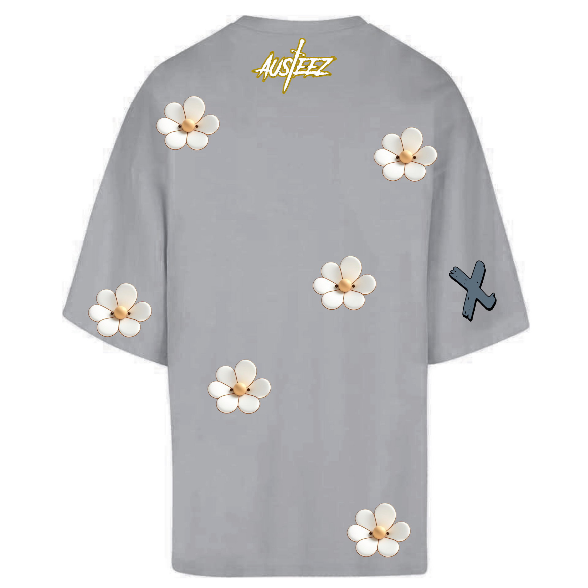 Gray t-shirt with white flower graphics and an X on the sleeve; Ausff logo on the back.