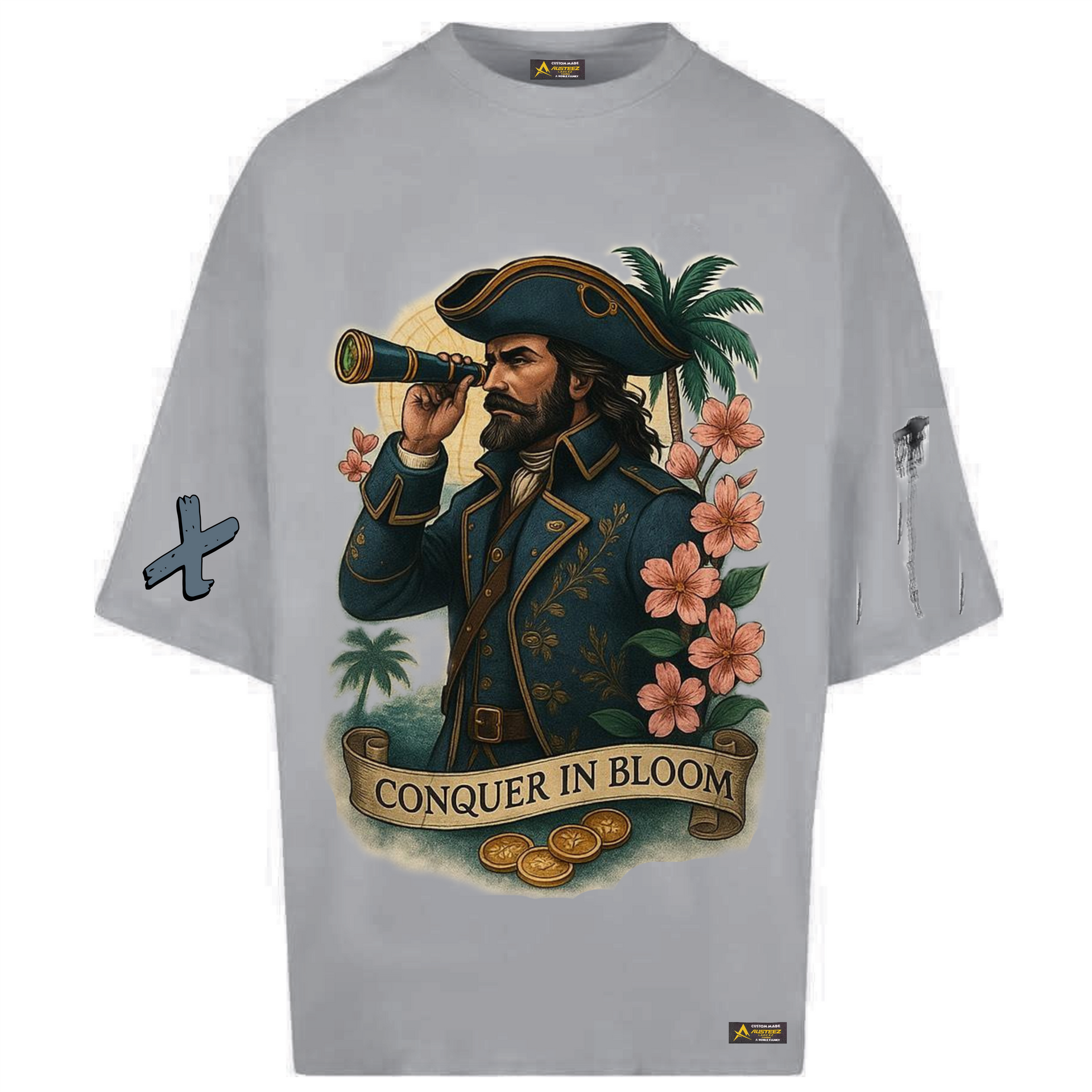 Gray t-shirt with a pirate looking through a telescope,