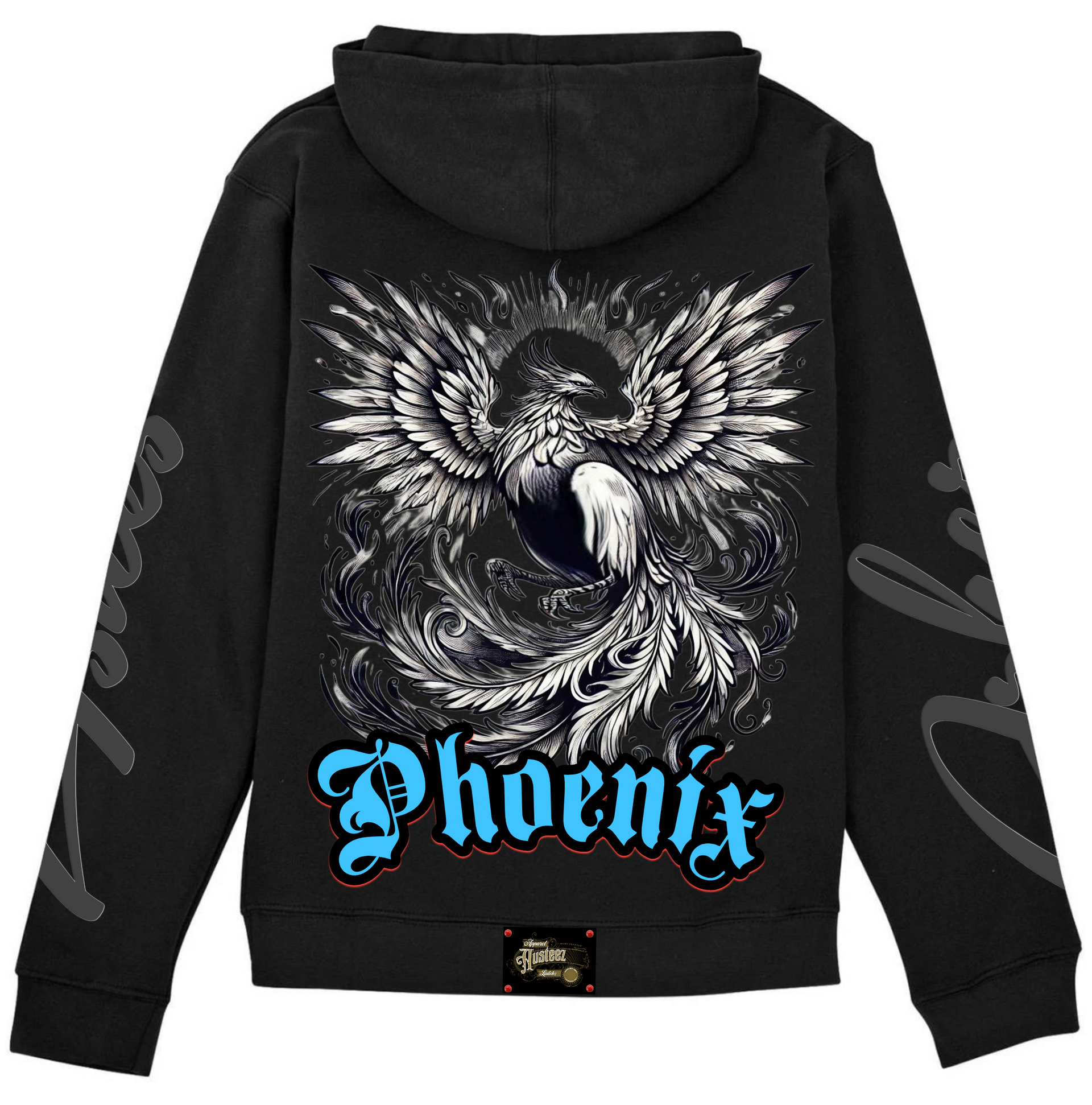 Black hoodie with phoenix design. Phoenix in white/gray, blue 