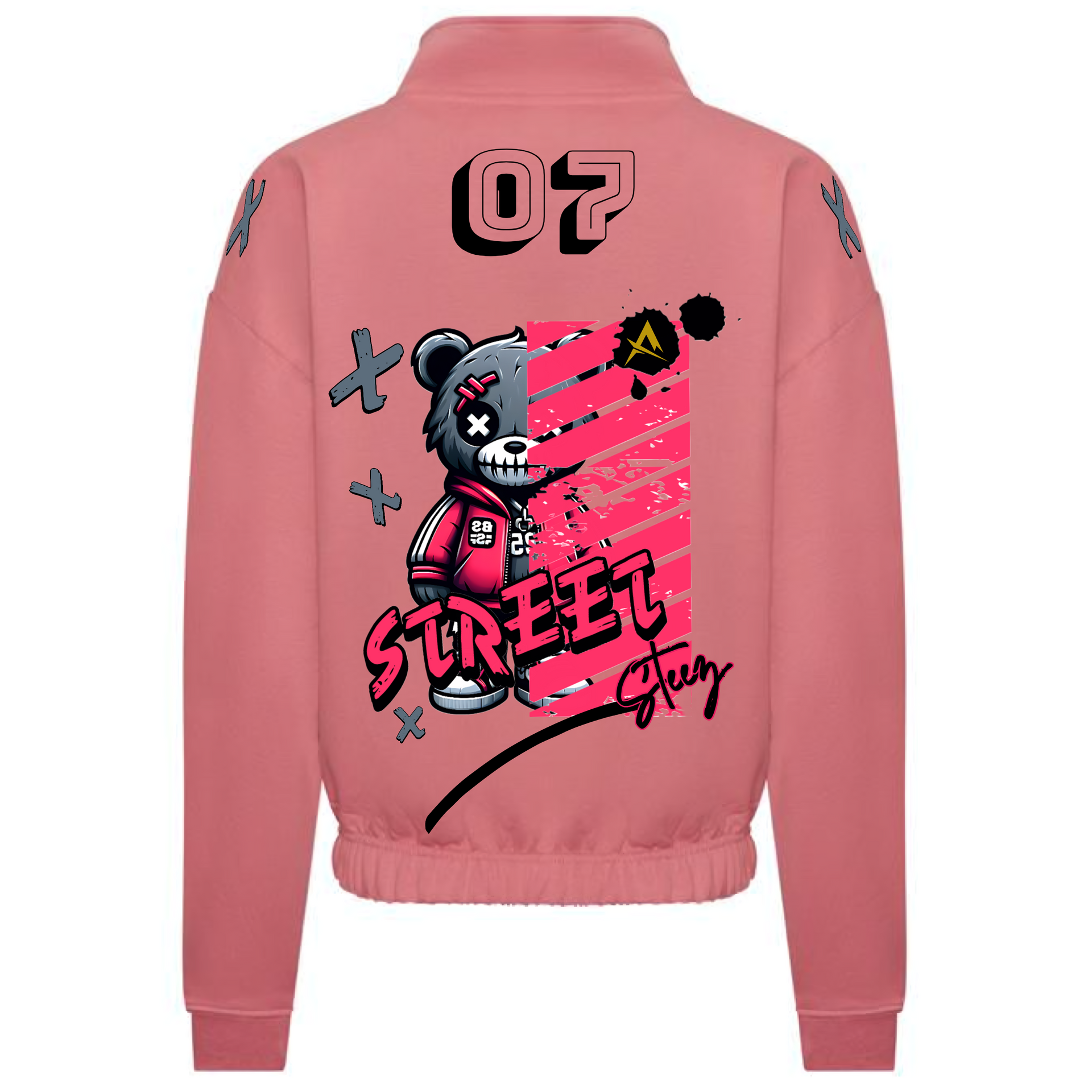 Black sweatshirt with a graphic of a half-skull bear in a red jacket, the number 07, and the word 