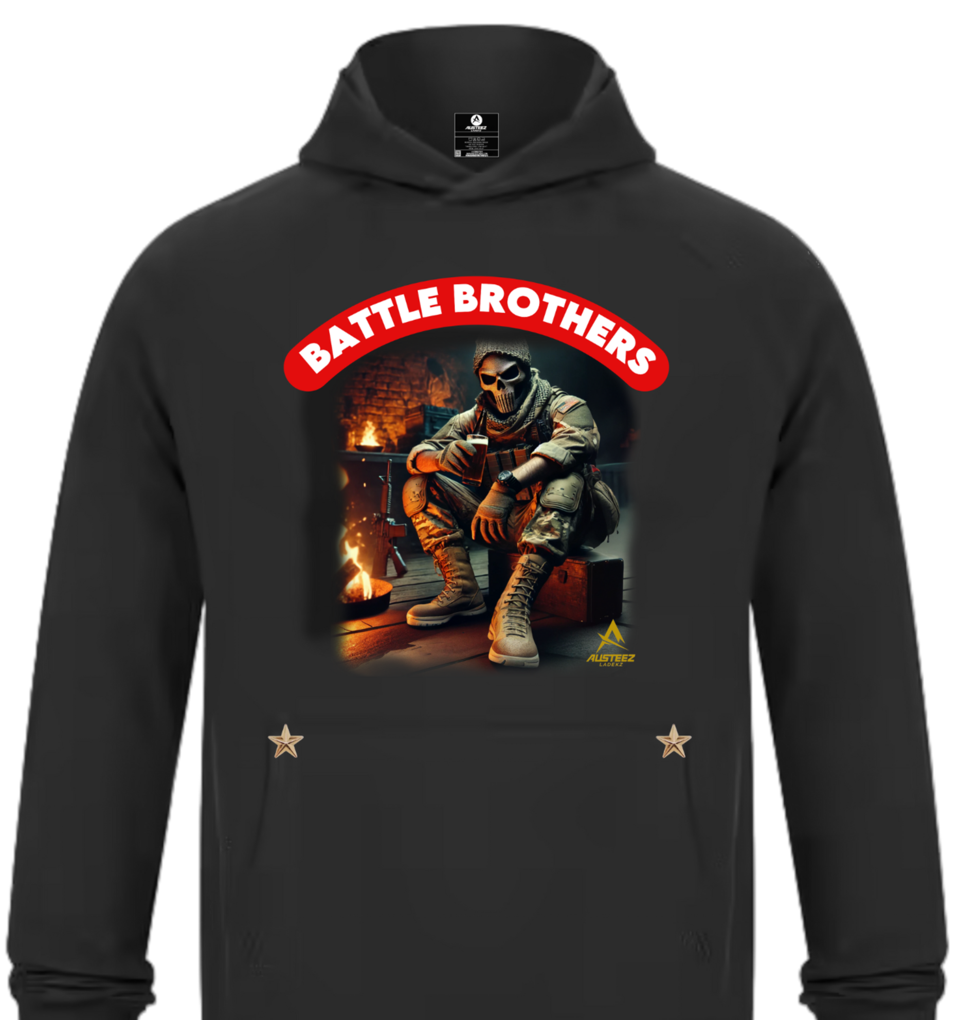 Black hoodie with "Battle Brothers" graphic: soldier in a war setting, red banner, and stars.