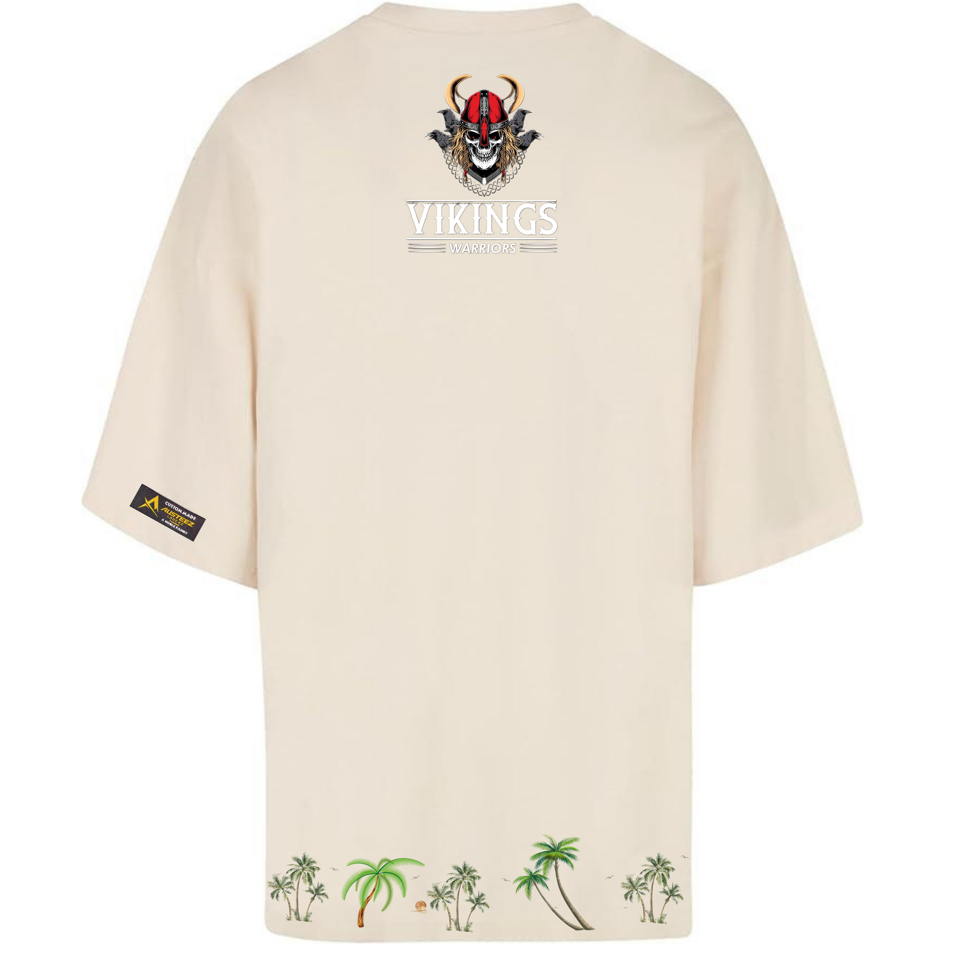 Cream-colored t-shirt with a Viking skull graphic on the back. Palm trees at the bottom hem.
