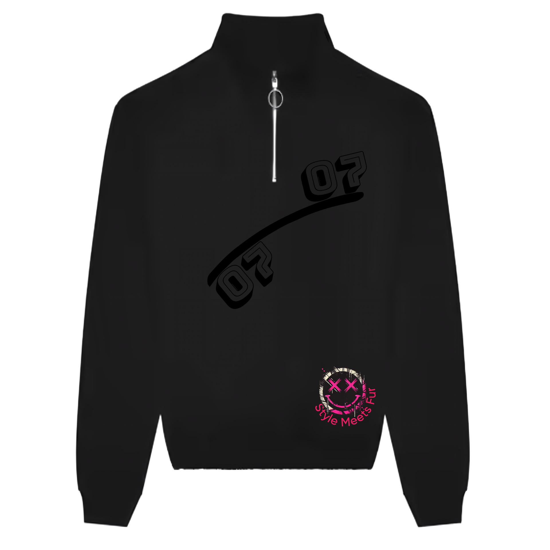 Black quarter-zip sweatshirt with "07" text and smiley face graphic.