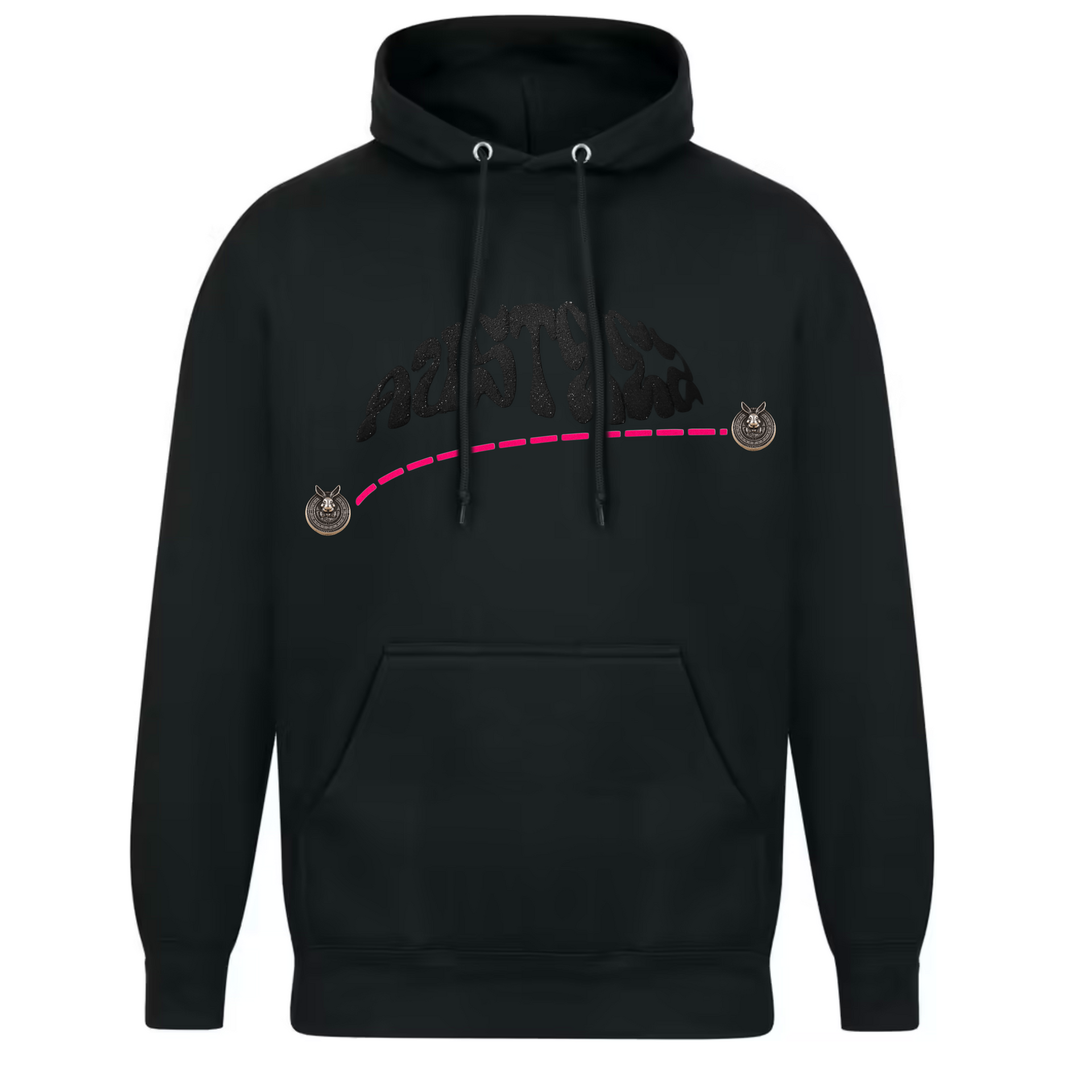 Black hoodie with a dark shape, pink line, and two cat designs.