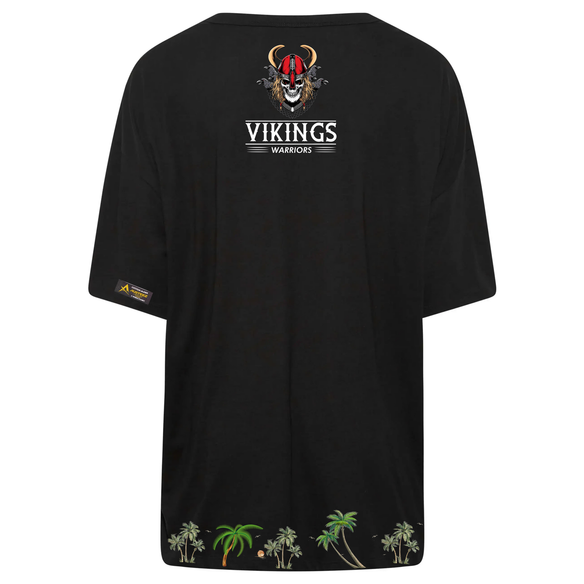 Black t-shirt with a Viking skull design,