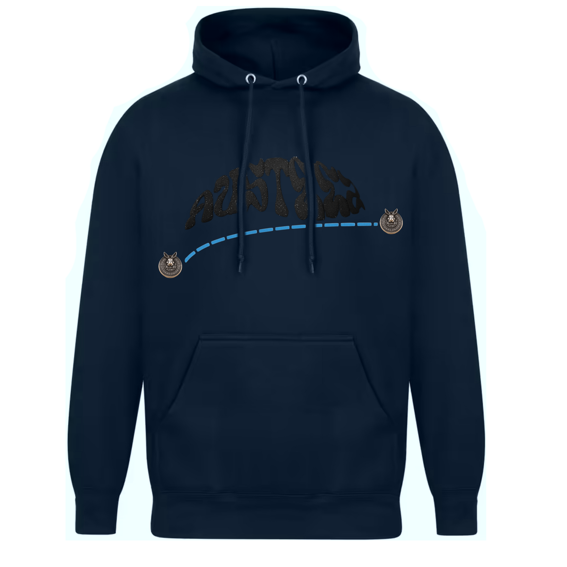 Navy hoodie with a dark mountain graphic, two animal figures, and a dotted line.