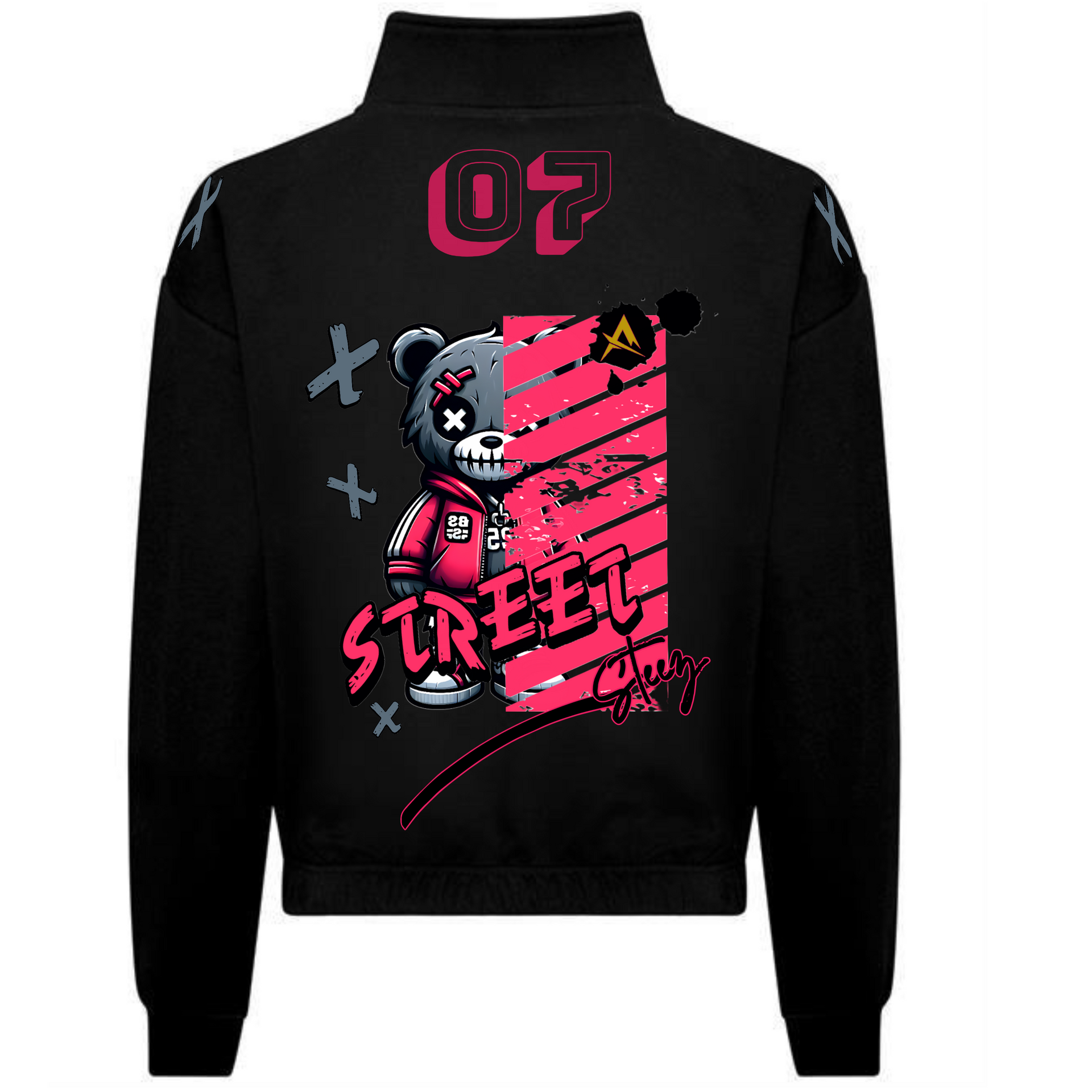 Black sweatshirt with a graphic of a half-skull bear in a red jacket, the number 07, and the word 