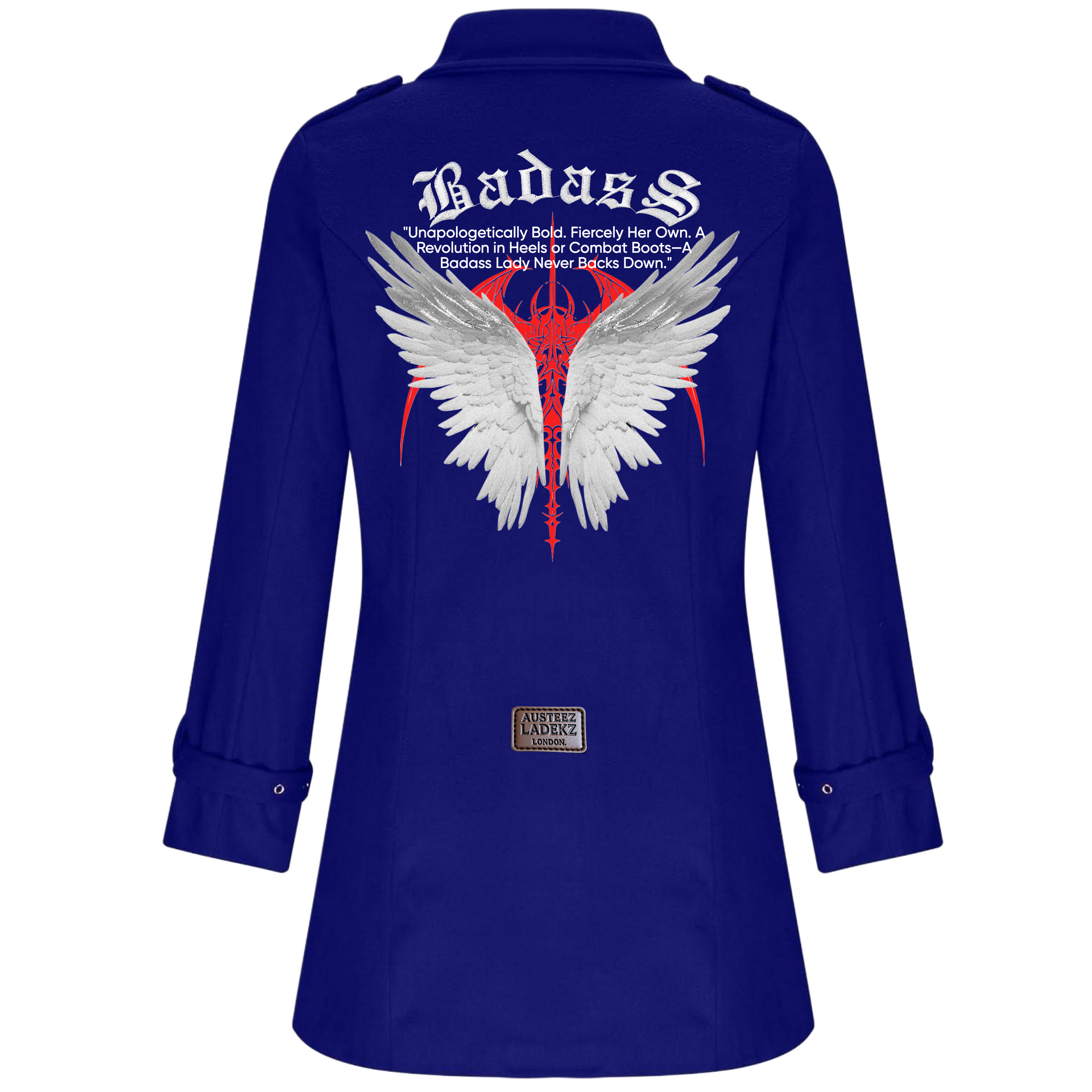 Royal blue badass trench coat back view