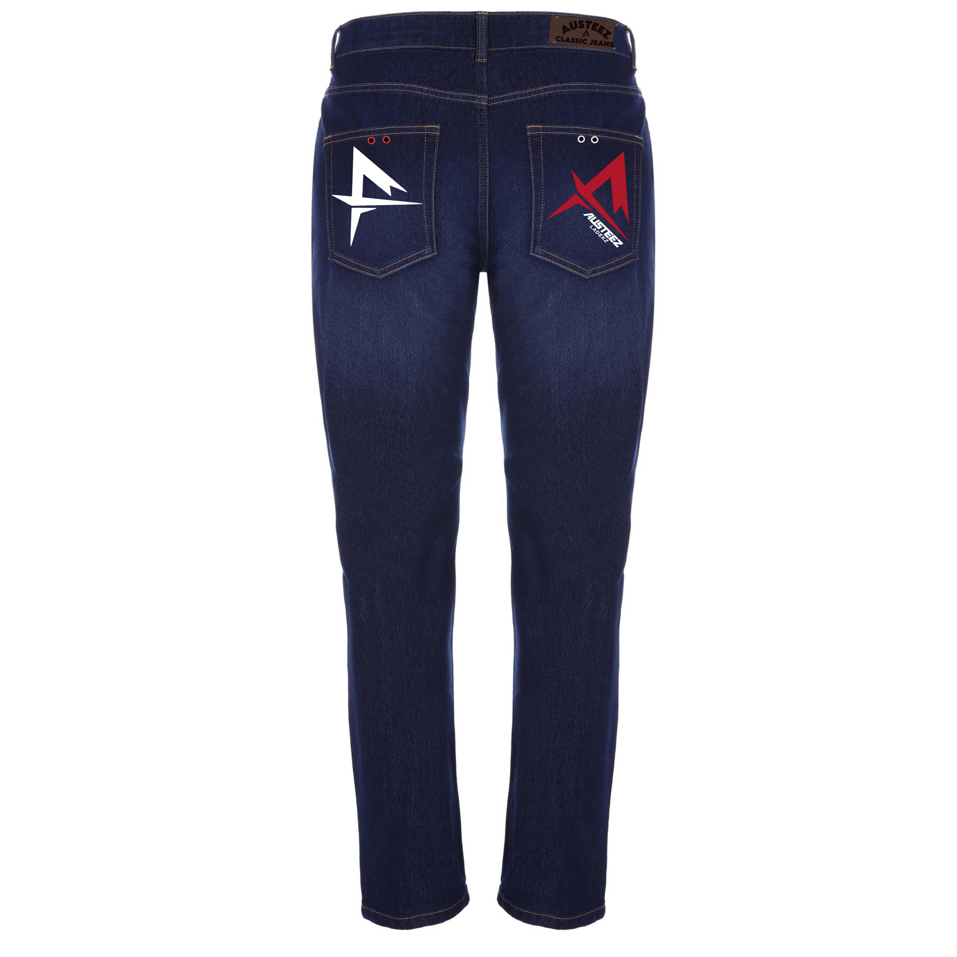 Blue jeans with white and red logo on back pockets.