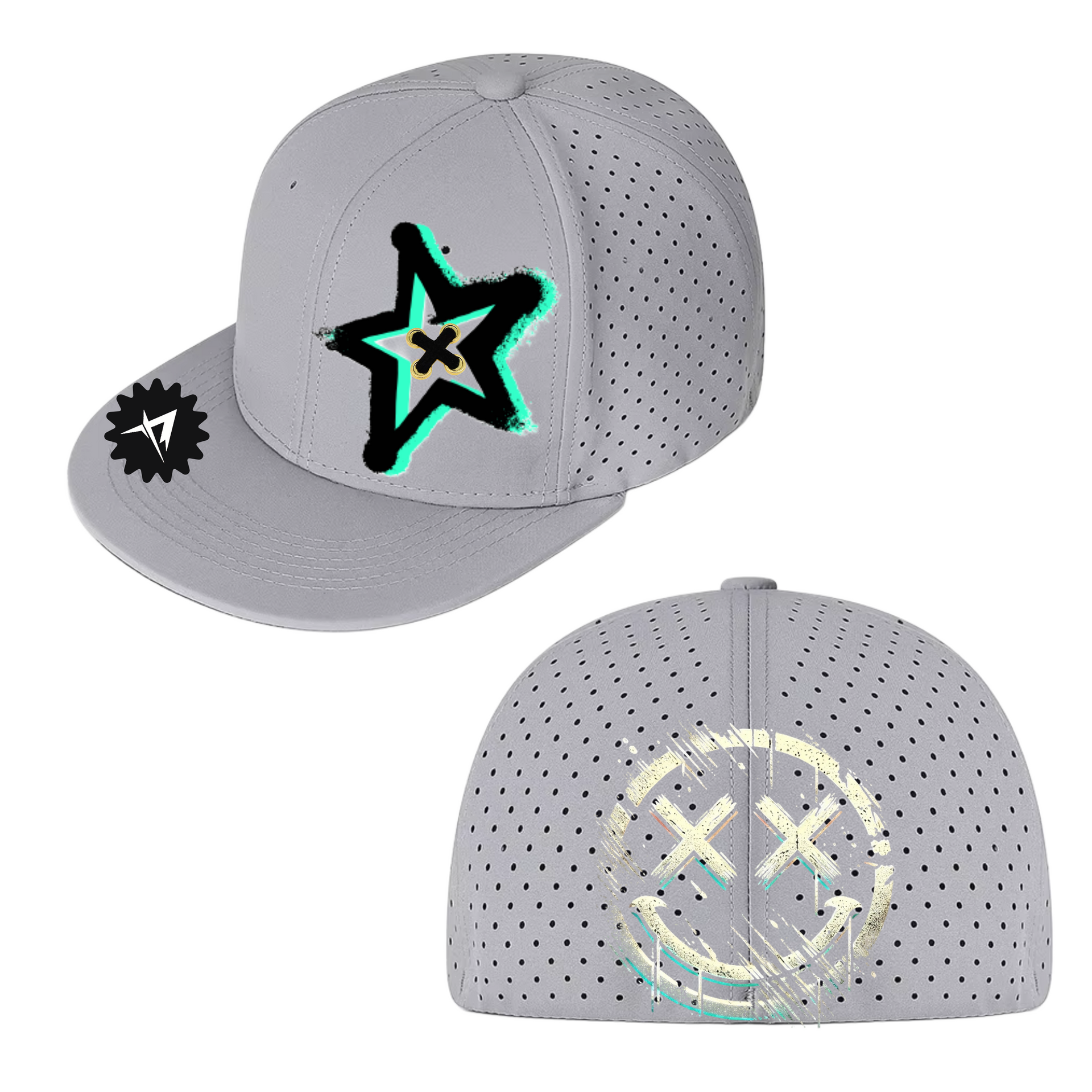 Gray flat-brimmed hat with a teal-outlined star graphic and small gear logo.