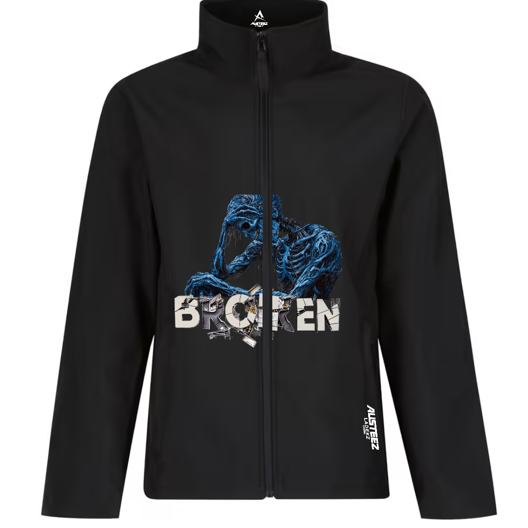 Black jacket with a blue illustration of a skeleton, with "BROKEN" text.